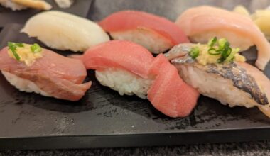 Sea eel, squid, bigeye/yellow fin tuna, swordfish, bonito, medium fatty tuna & horse mackerel at Sushi Zanmai Asakusa Kaminarimon in Tokyo