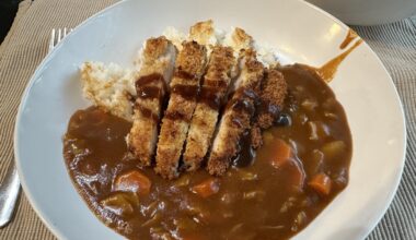 Homemade pork katsu with curry rice. (Disregard that the rice paddle somehow got curry on it.)