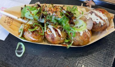 Takoyaki with charred soy sauce, mayo & green onions at Gindaco Takoyaki in Chuo, Tokyo