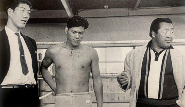 Baba, Inoki, and Rikidozan together in the gym