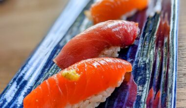 nigiri sushi with akazu (red vinegar) seasoned rice