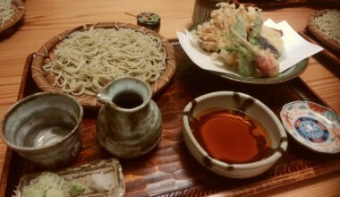 Japanese zaru soba with vegetable tempura (Eat it while dipping the soba noodles in a soy sauce-based soup with your choice of wasabi and green onions.) In Japan, it is considered cool to eat while making noise.