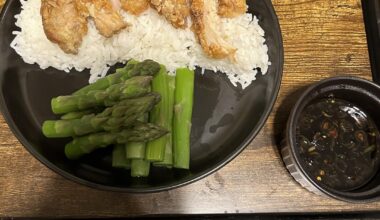 Yurinchi chicken with asparagus salad and a miso dressing