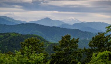 A panarama of the view from Takaosan featuring Mt. Fuji on the horizon