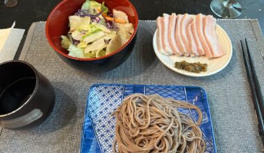 Simple meal for a hot day...  Soba noodles with homemade mentsuyu dipping sauce, sous vide pork loin (cooked earlier in the day and chilled) with yuzu kosho paste, salad.