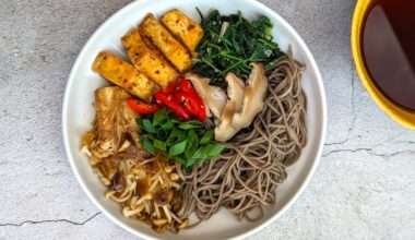 Toshikoshi Soba Noodles with Enoki Mushrooms and Togarashi Tofu