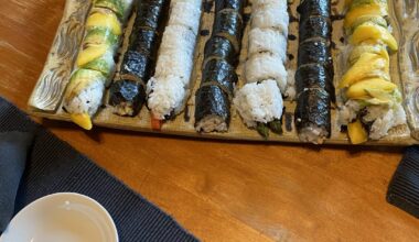 Wednesday night sushi made at home. Crab roll, asparagus roasted red pepper roll, Avacado mango roll.