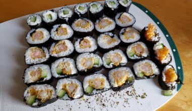 Combinations of tempura shrimp, cucumber and cream cheese in 3 rolls. The best ones I've made so far and it's not close!