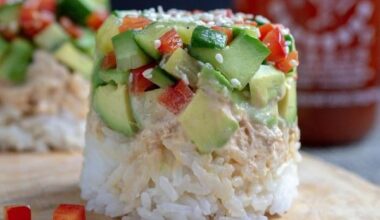 Spicy Tuna Sushi Stack with Jasmine Rice and Avocado. I'm a white girl who adores sushi, you're welcome to your opinion please