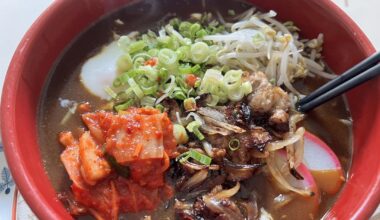 Pork belly curry udon with onsen tamago and homemade kimchi