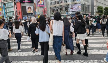 Shibuya scramble crossing and tourists photographing it.