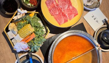 Wagyu Shabu Shabu with seafood and veggies on the side