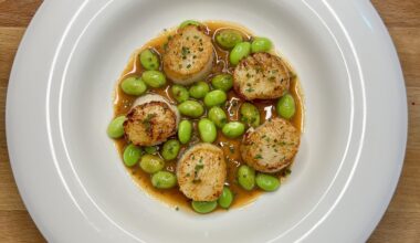 Japanese Inspired: Hokkaido Scallop, Edamame, Pan sauce with Sake, Ponzu and Buckwheat Butter