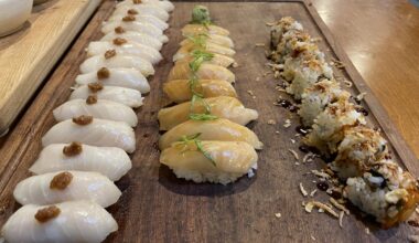 Scored a $22 saku block of escolar, yielded 23 pieces of nigiri and a spicy roll for our happy hour hangout.