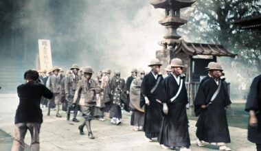 Monks of Sensōji Temple wearing gas masks and participating in air raid exercises, May 1936