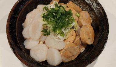 A lot of scallops and a lot of ankimo on rice from Hokkaido