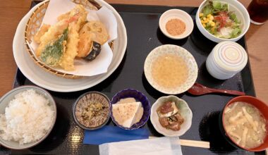 Fresh caught Ebi tempura set lunch in Fukutsu, Fukuoka.