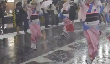 A viral video shows dancers continuing to perform after a sudden downpour hit the Minami Koshigaya Awa Odori Festival