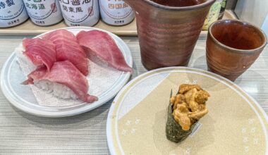 Chilled sake with fresh fatty tuna and sea urchin for lunch.