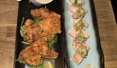 Salmon aburi oshizushi with sesame shiitake mushroom filling at Yuugi Izakaya in Toronto