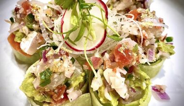 AJi (Japanese horse mackerel) guacamole and pico wrapped in cucumber