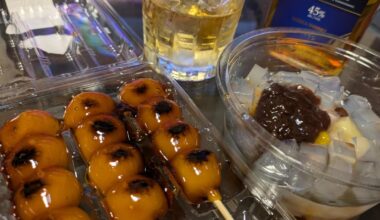 Mitarashi dango and anmitsu. Traditional Japanese sweets.