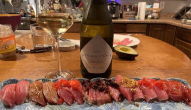 Y'all got awfully salty over my escolar post, so maybe Otoro is more of a crowd pleaser? No party, just me, a bottle of Chablis and a shockingly cheap block of fish that yielded 18 slices of nata.