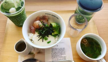 Nana's Green Tea awesome healthy set for about 1200 | rice bowl with tuna, avocado, grated white yam (Nagaimo); miso soup ; green tea. Matcha Frap with ice cream was separate (and not part of "healthy" set :))