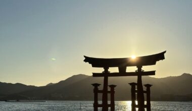 Torii gate at Miyajima’s Itsukushima Shrine during sunset