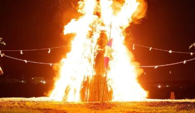 An outline of a woman praying in the flames, Nanbu fire festival