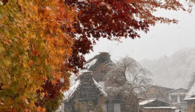 Snowy Shirakawa-go with Autumn Colors