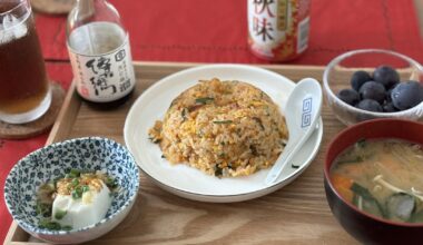 Kimchi chahan with veggie miso soup and hiyayakko. And a beer for good measure