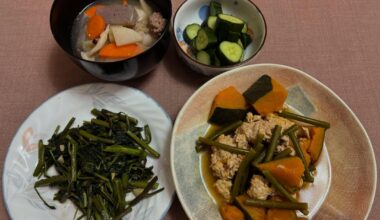 Homemade Japanese dinner, with plenty of green and a hearty soup.