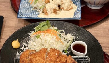 Cheese-filled tonkatsu and chicken karaage drowned in tartar sauce