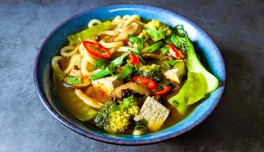 Tofu Udon Noodle Soup with Mushrooms and Vegetables