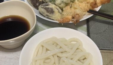 made assorted vegetable tempura + shrimp and cold udon noodles for lunch today