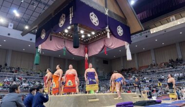 Front row seats(cushions-zabuton) at the sumo.  My picks.