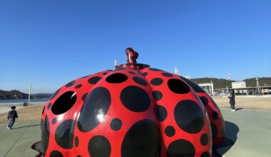 Yayoi’s Red Pumpkin sculpture, ferry & bus (Naoshima)