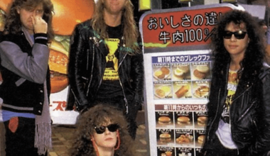 Metallica posing for a photo in front of McDonald's on Takeshita-dori in Harajuku, 1986