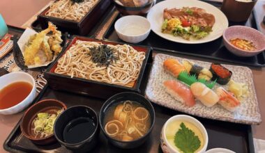 Sushi, tempura soba, chawan-mushi, miso soup, shouga-yaki