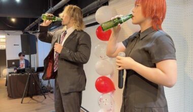 Hiroshi Tanahashi shares a toast with Maika at her 5Star Grand Prix victory celebration yesterday