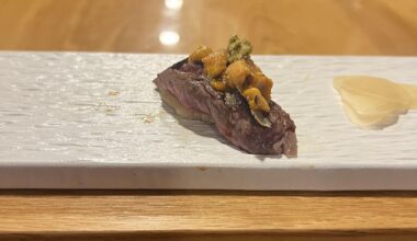 A5 wagyu, shaved black truffle, uni and pickled wasabi.